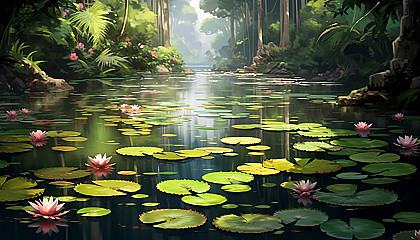 A tranquil pond dotted with lily pads and blossoms.