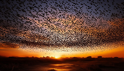 A murmuration of starlings creating fluid shapes in the sky.