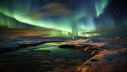 The stark beauty of a barren tundra under the Northern lights.