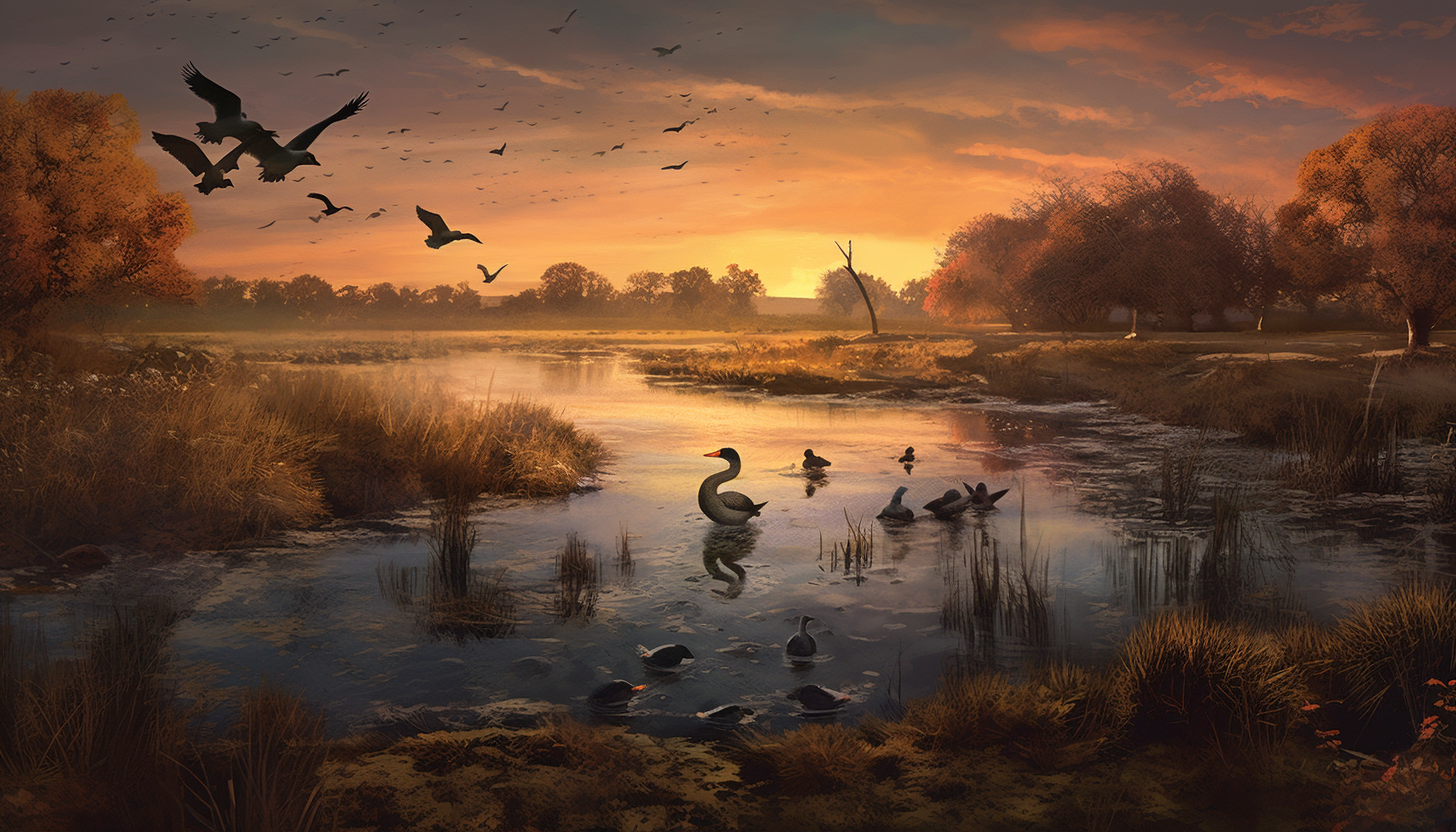 Flocks of birds taking flight over a serene wetland.