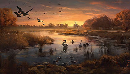 Flocks of birds taking flight over a serene wetland.