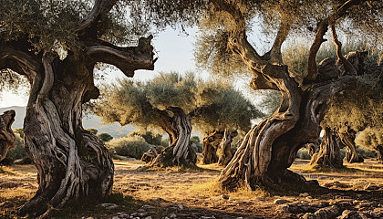 A grove of twisted olive trees in a Mediterranean landscape.