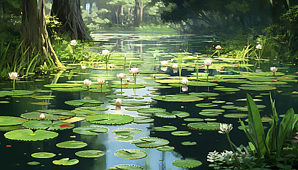 A tranquil pond dotted with lily pads and blossoms.