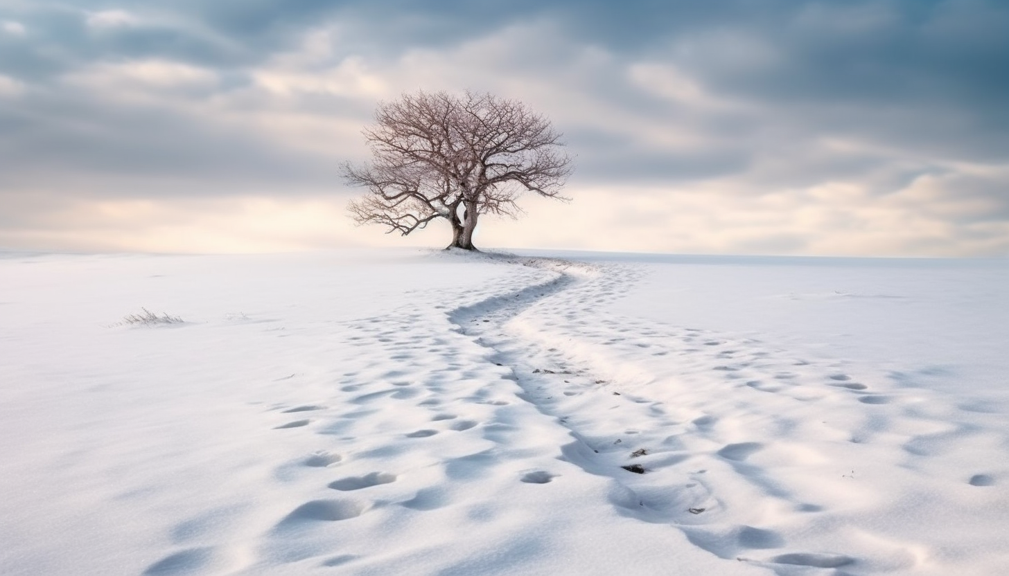 A solitary tree in the middle of a snowfield.