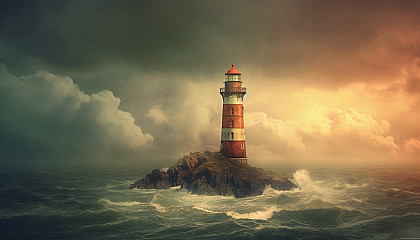 A solitary lighthouse standing against a dramatic sea and sky.
