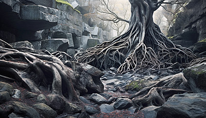 Gnarled tree roots breaking through a rocky landscape.