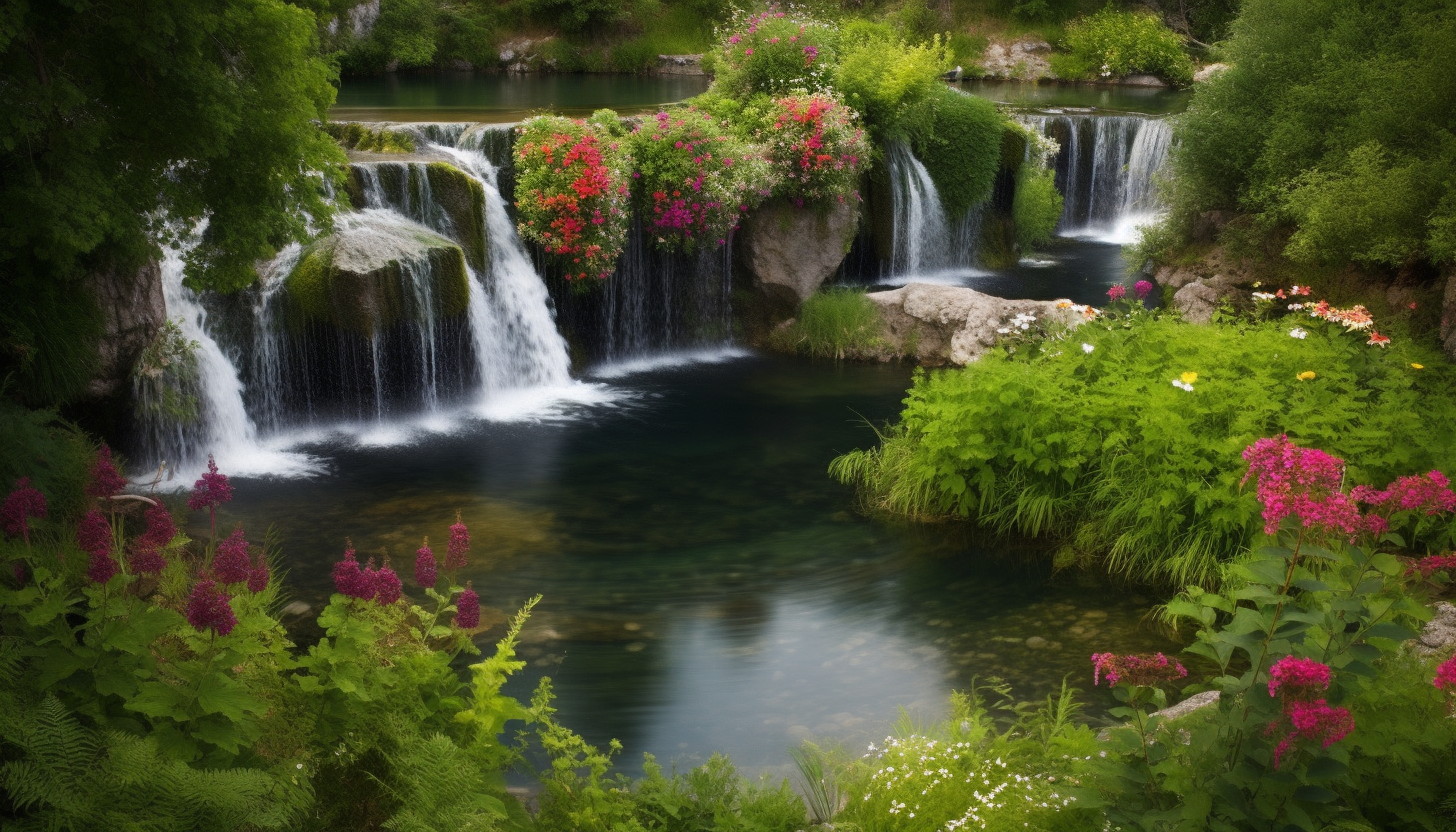 Serene waterfalls surrounded by lush greenery and vivid flowers.