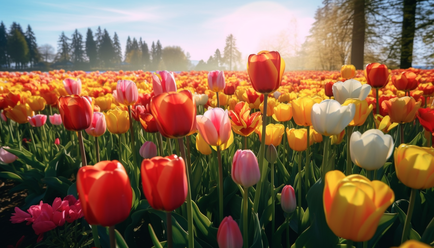 A field of tulips in full bloom during spring.