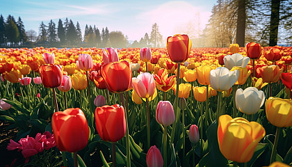 A field of tulips in full bloom during spring.