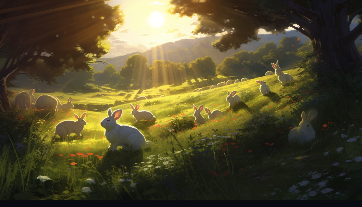 A sun-dappled meadow filled with frolicking rabbits.