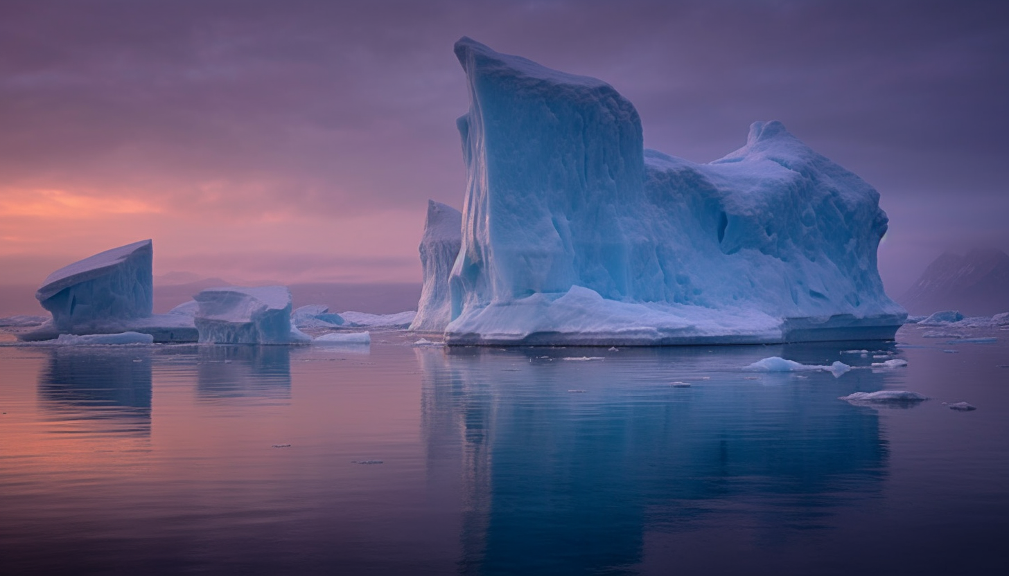 Towering icebergs floating in a chilly, Arctic sea.