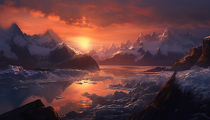 The shimmering surface of a glacier under the midnight sun.