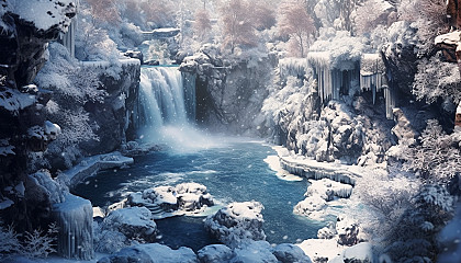 Frozen waterfalls in a winter wonderland.