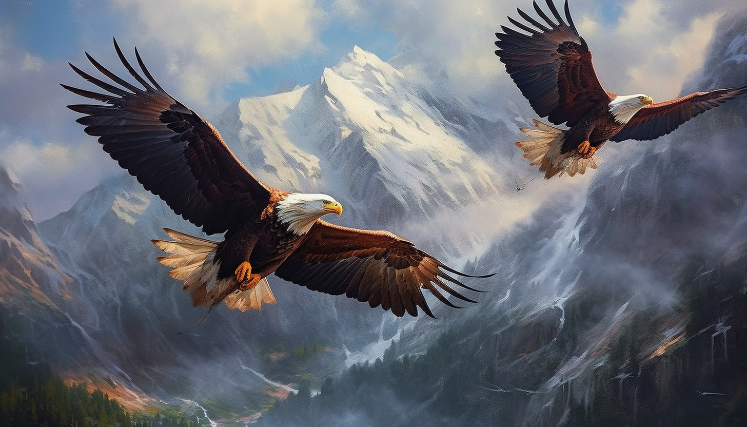 Majestic eagles soaring above rugged mountain ranges.