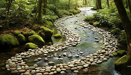 A meandering brook cascading over pebbles in a forest.