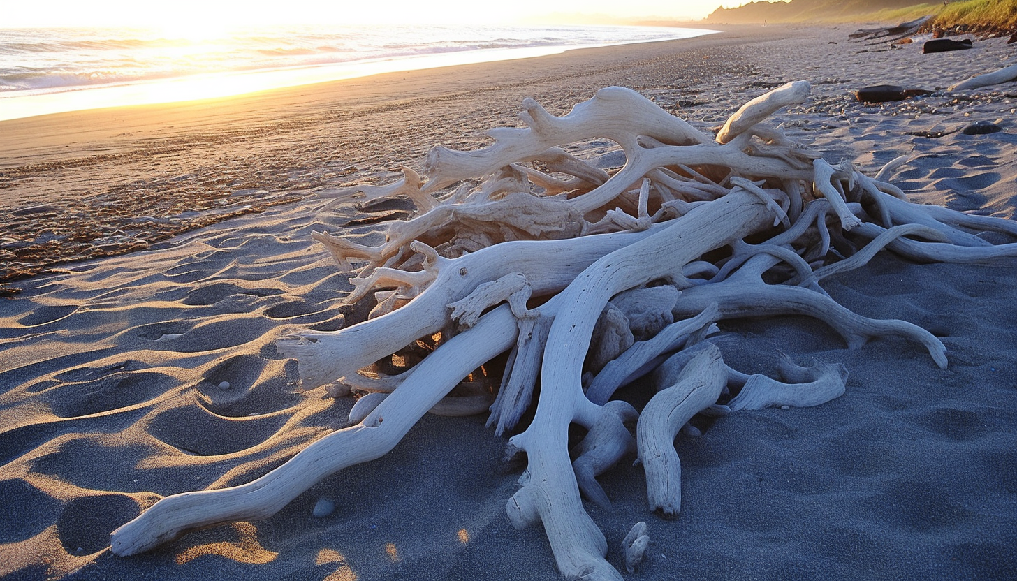 Sun-bleached driftwood scattered along a sandy beach.