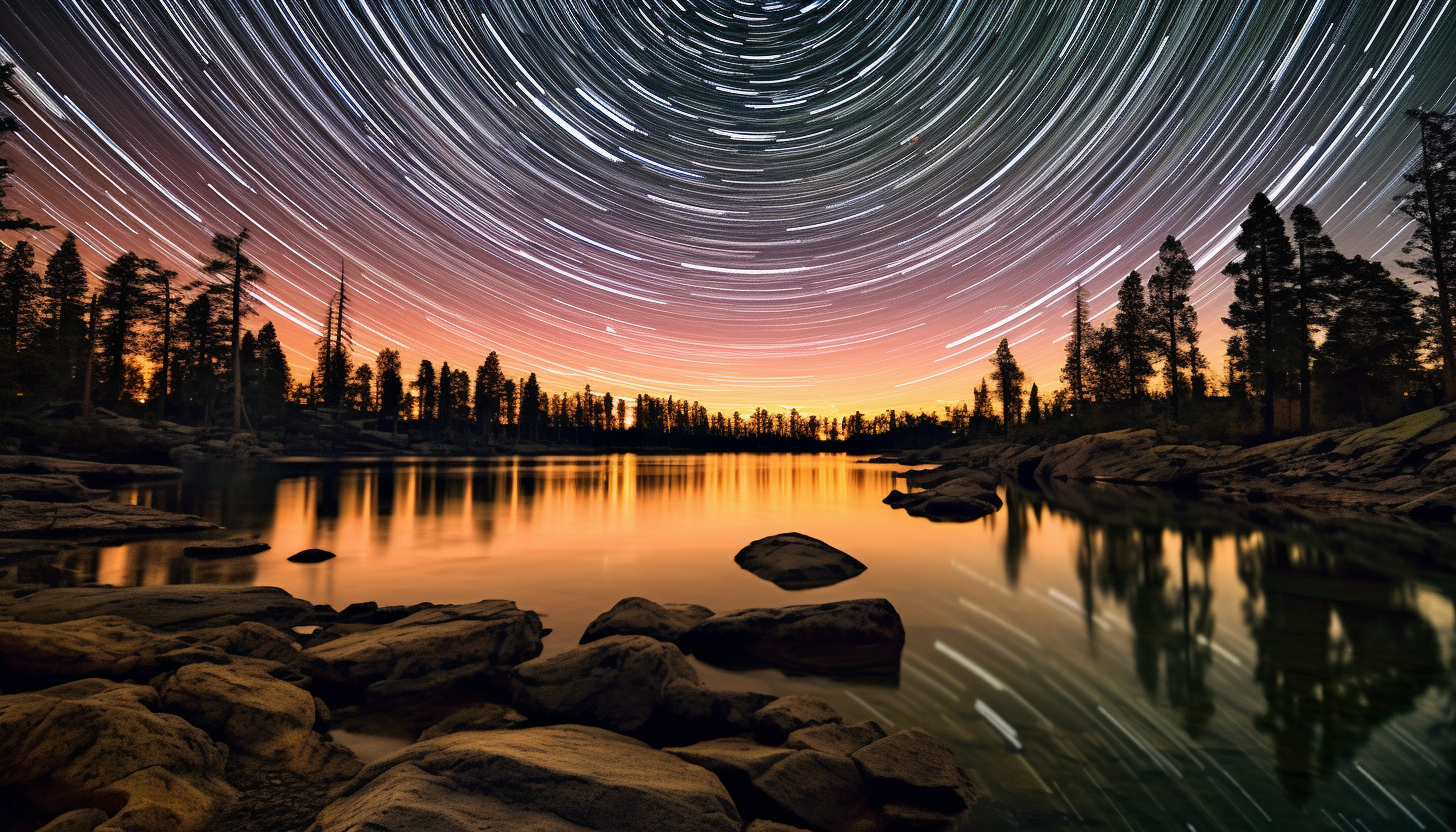 Star trails circling the night sky above a serene lake.