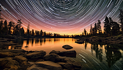 Star trails circling the night sky above a serene lake.