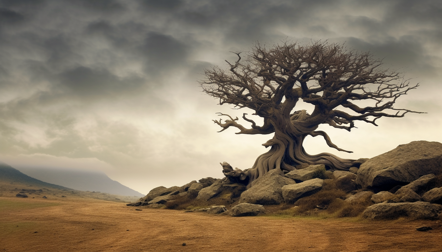 An old, gnarled tree standing alone on a windswept plain.