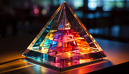 Light refracting through a prism, casting a rainbow spectrum.
