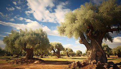 A grove of ancient olive trees under a Mediterranean sky.