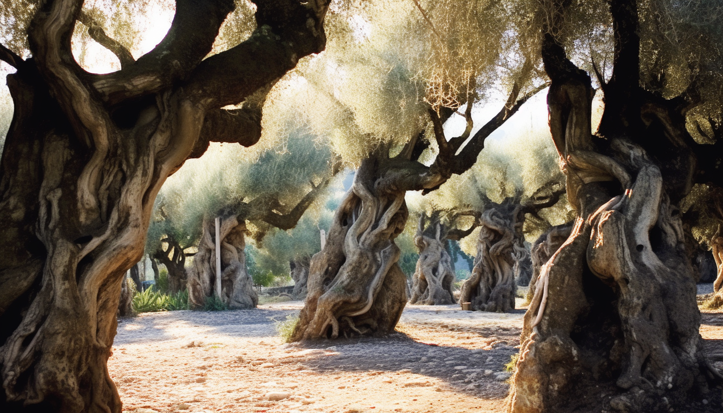 A grove of twisted, ancient olive trees under the Mediterranean sun.