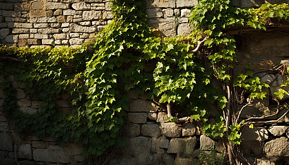 Vines creeping up an ancient stone wall.