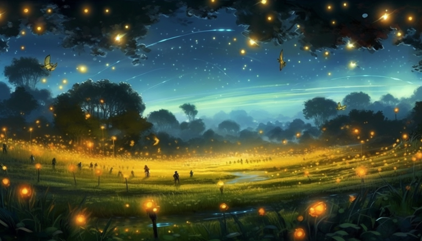 A field of fireflies lighting up a warm summer night.