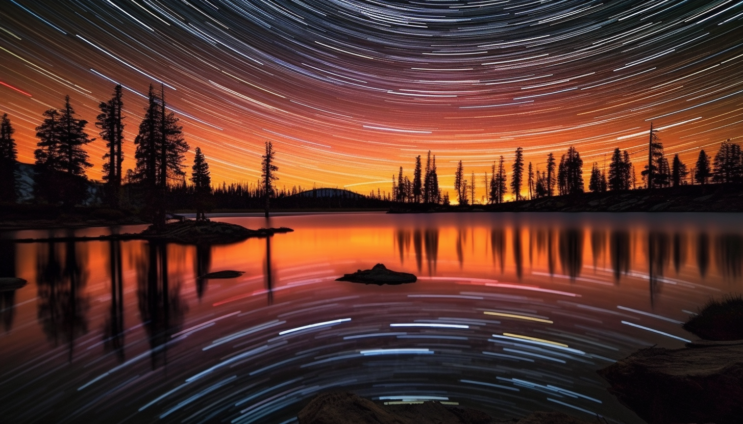 Star trails circling the night sky above a serene lake.