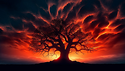 The silhouette of a single tree against a fiery sunset.