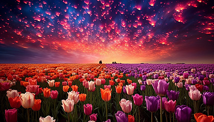 An explosion of color in a tulip field in full bloom.