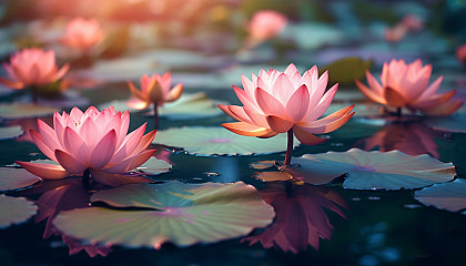 Blooming lotus flowers floating on a tranquil pond.