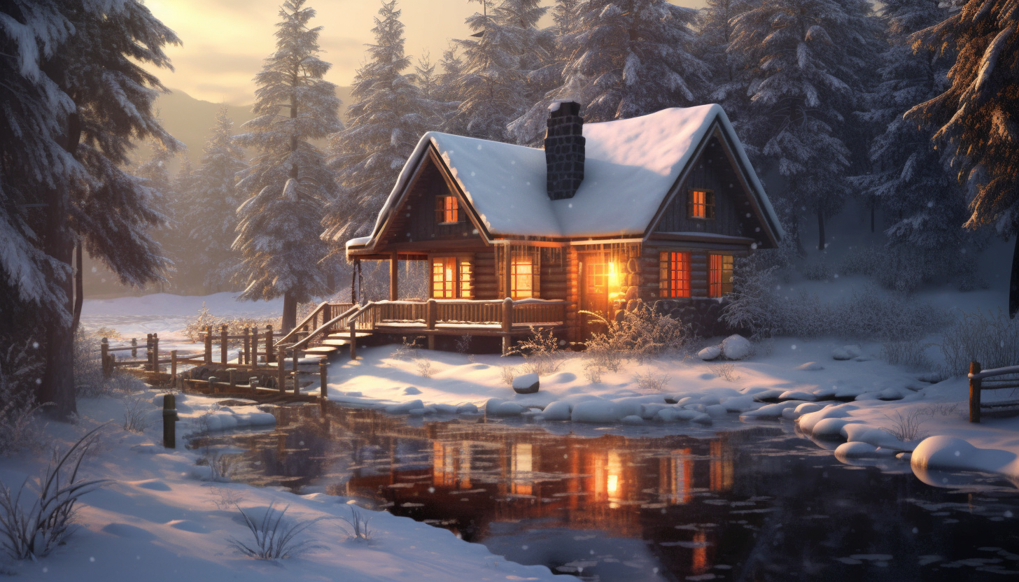 A quiet, snowy scene featuring a cabin nestled among evergreens.