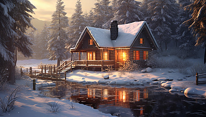 A quiet, snowy scene featuring a cabin nestled among evergreens.
