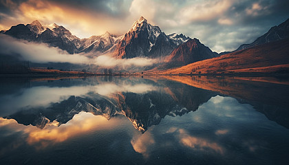 Tranquil reflections of mountains and clouds on a mirror-like lake.