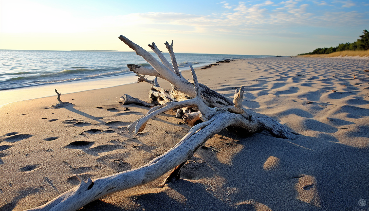 Sun-bleached driftwood scattered along a sandy beach.