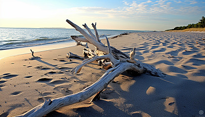 Sun-bleached driftwood scattered along a sandy beach.