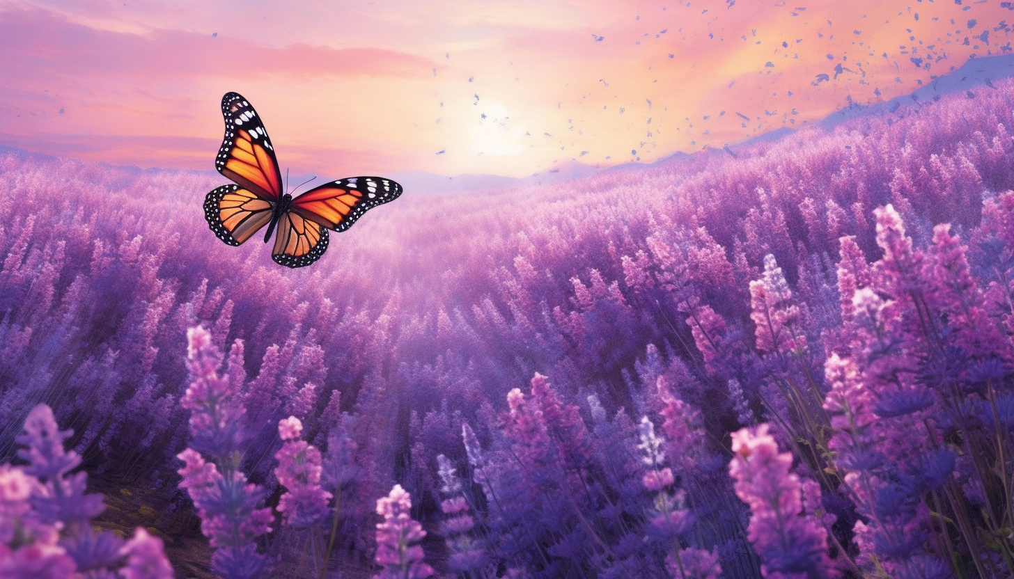 Butterflies flocking around a field of blooming lavender.