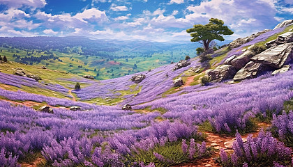 A hillside teeming with lavender in bloom, stretching as far as the eye can see.