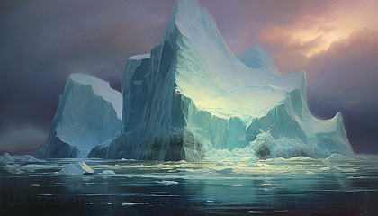 A glacier calving into a frigid sea.