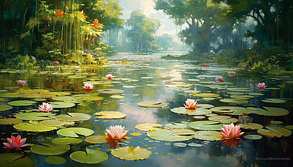 A serene pond filled with blooming water lilies.