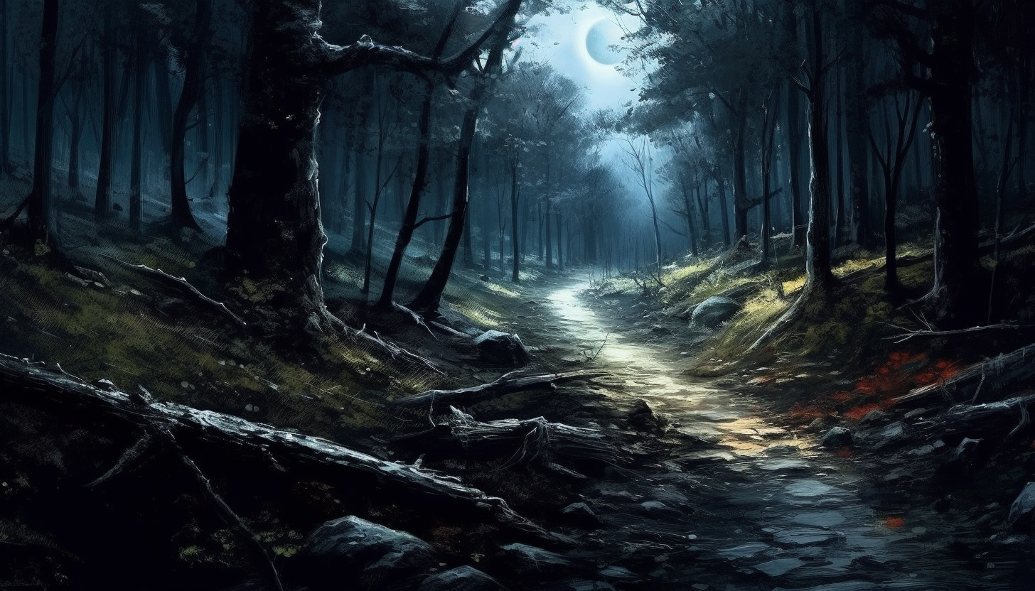 A moonlit path through a quiet forest.