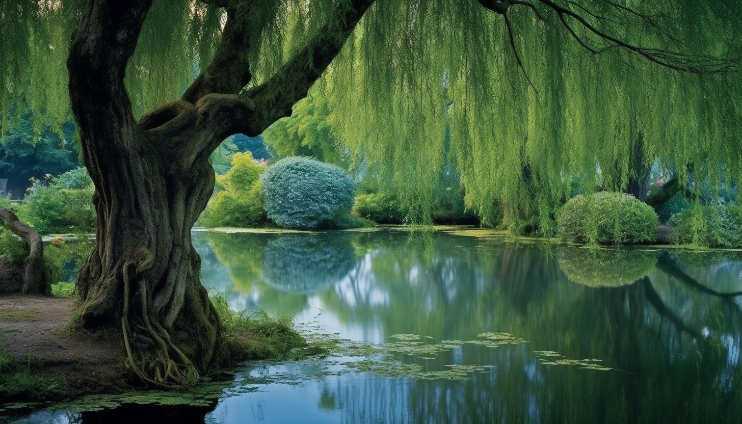 A tranquil pond reflecting a beautiful, old weeping willow.