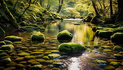 Moss-covered stones in a babbling brook in the heart of the forest.