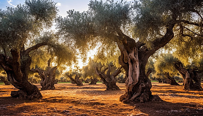 A grove of ancient olive trees under a Mediterranean sky.