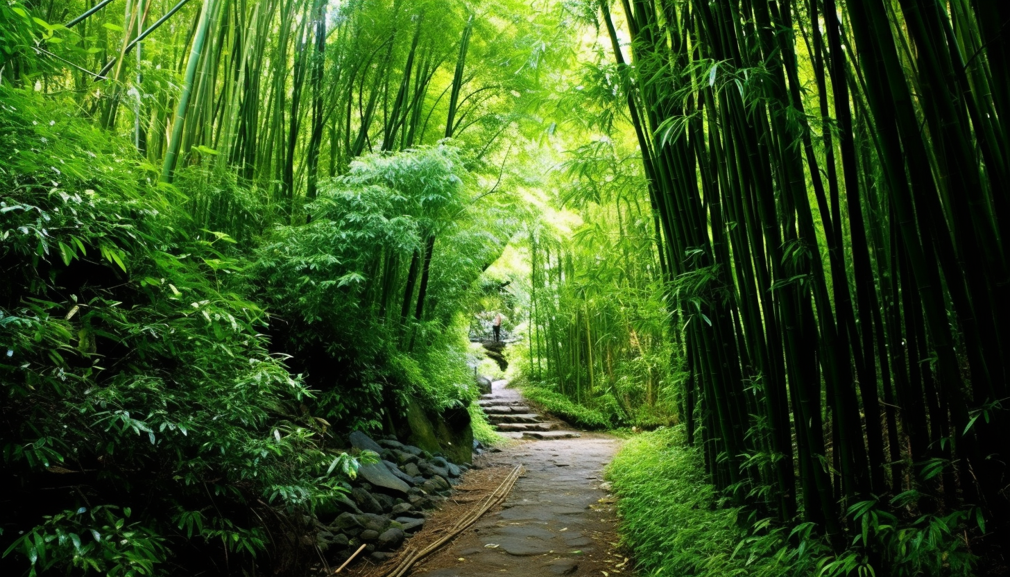 A narrow trail winding through a dense bamboo forest.