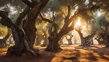 A grove of ancient, gnarled olive trees on a sun-soaked hillside.