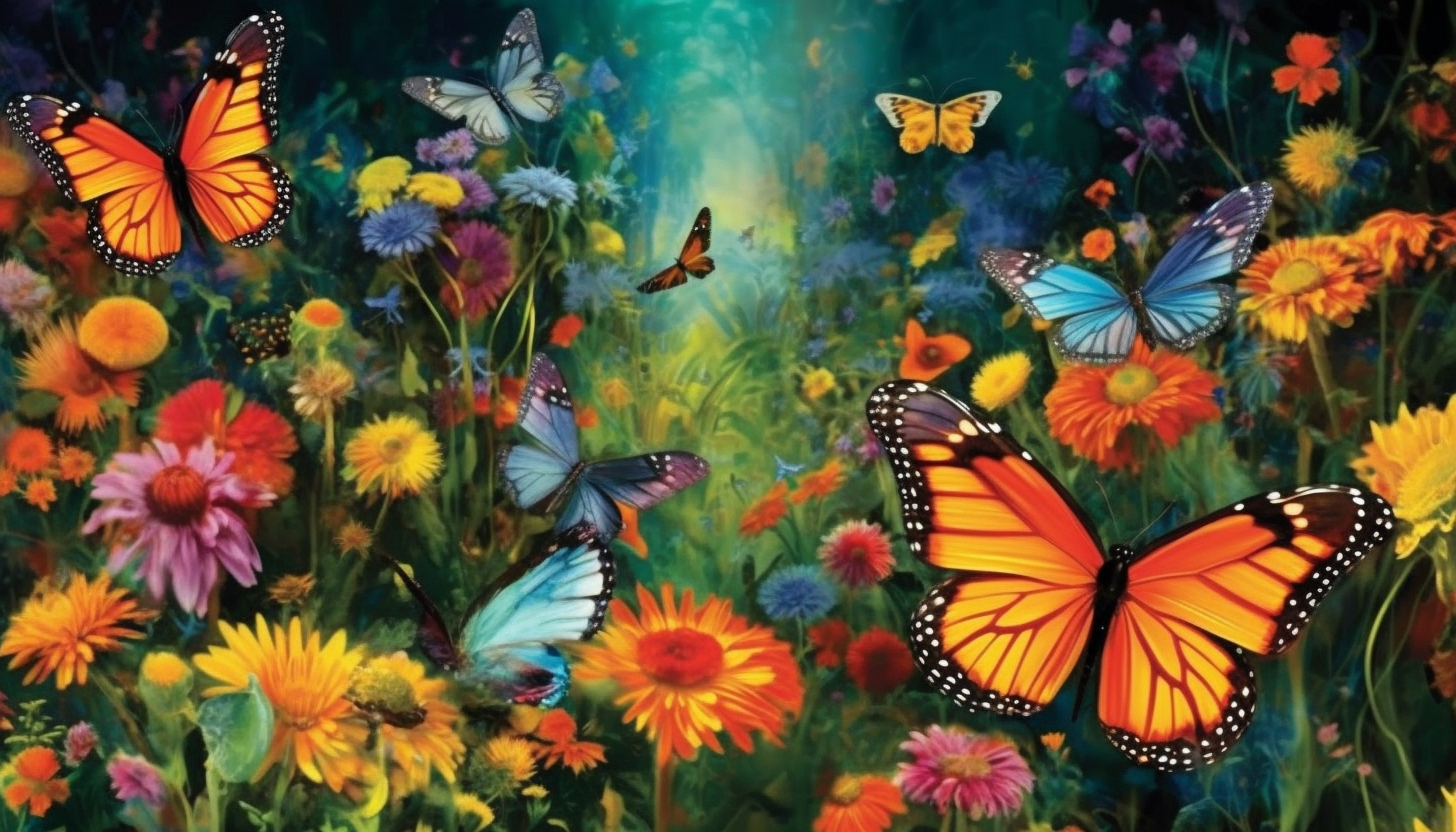 A kaleidoscope of butterflies fluttering over a field of flowers.