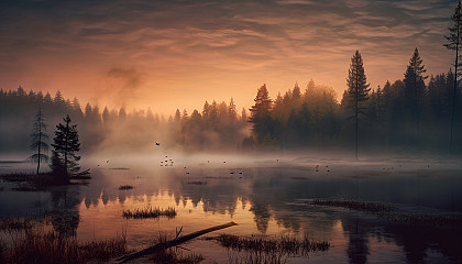 Mist rising from a serene lake at dawn.