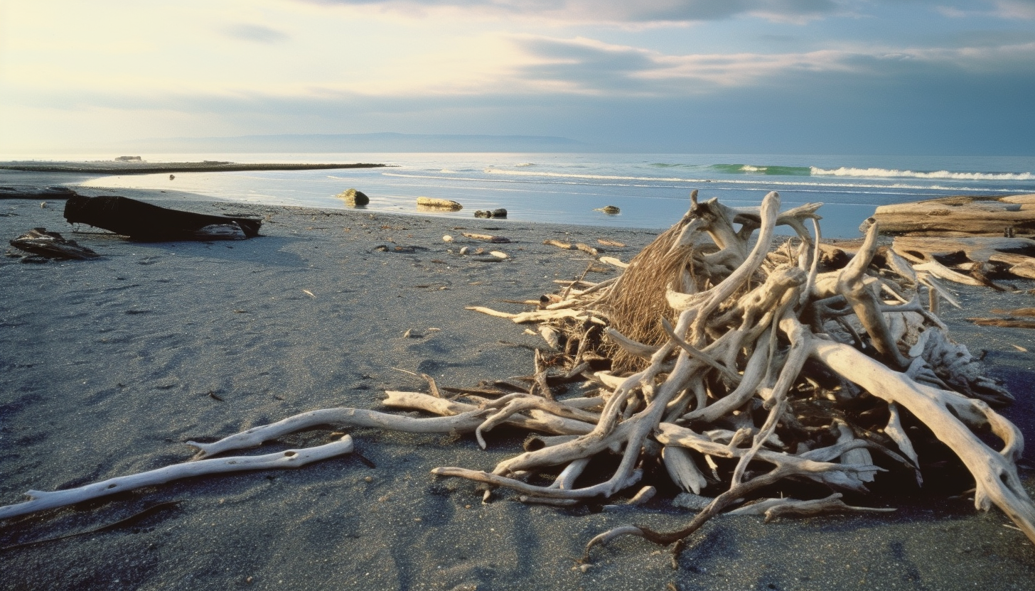 Driftwood strewn across a deserted beach.